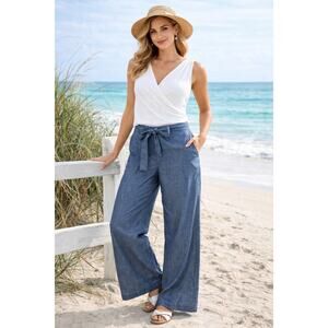 Tommy Bahama Chambray Tie-Waist Pants Wide Barrel Leg Preppy Coastal Siren Sz 4